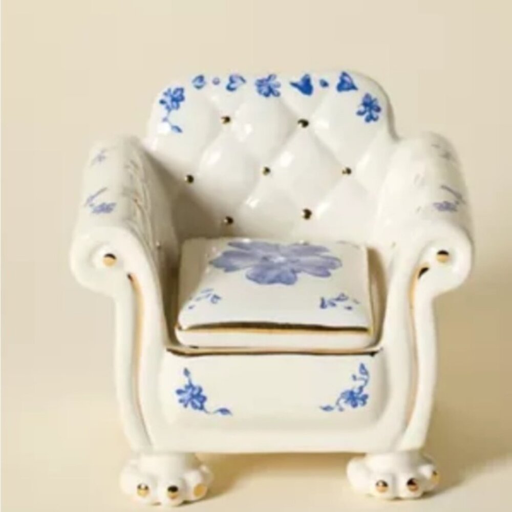 Urban Outfitters Ceramic Armchair Jewelry Box Holder White Blue Floral Unique